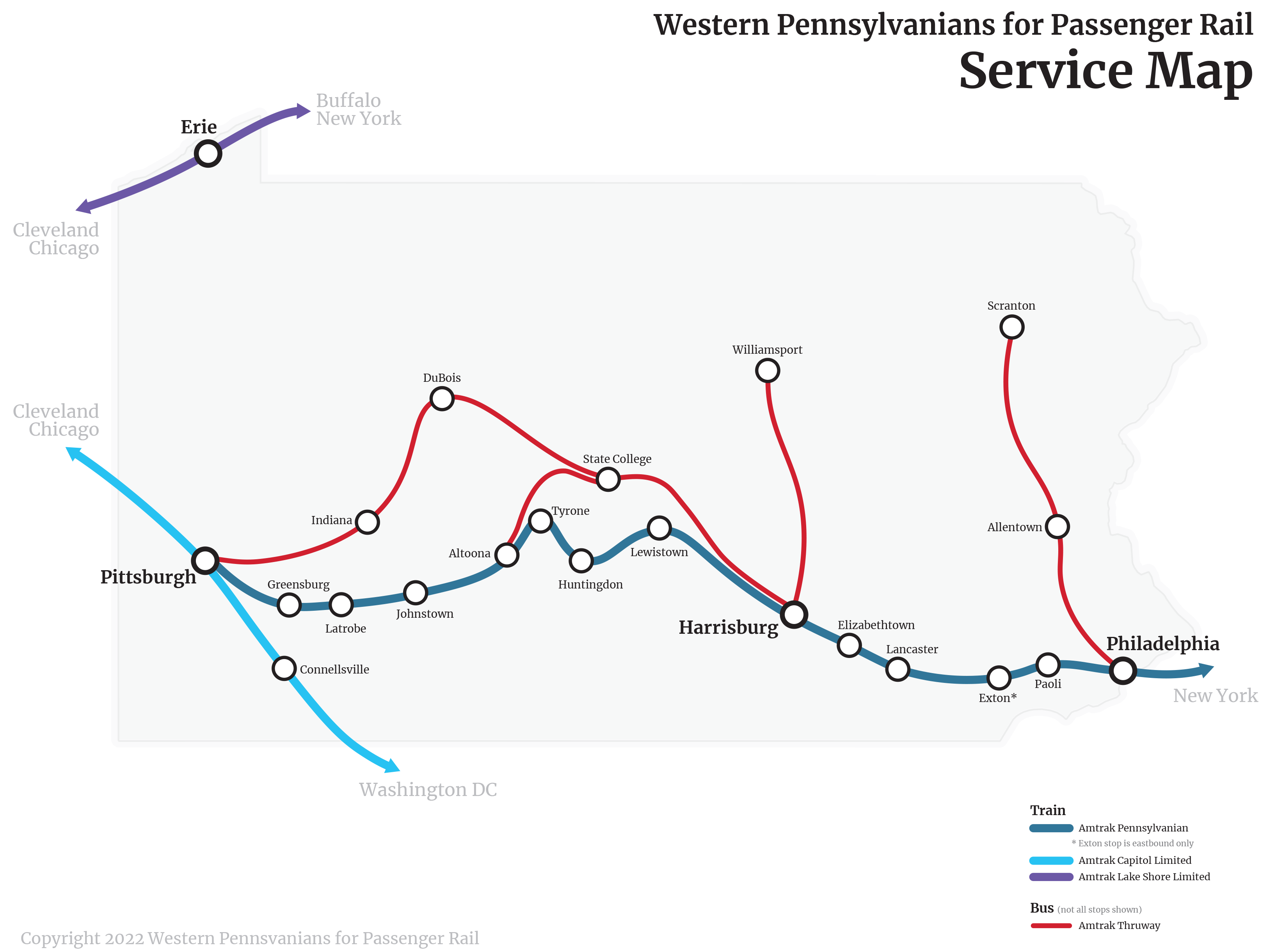 Pennsylvania map showing routes of Amtrak's Pennsylvanian, Lake Shore Limited, and Capitol Limited, plus Thruway Buses.